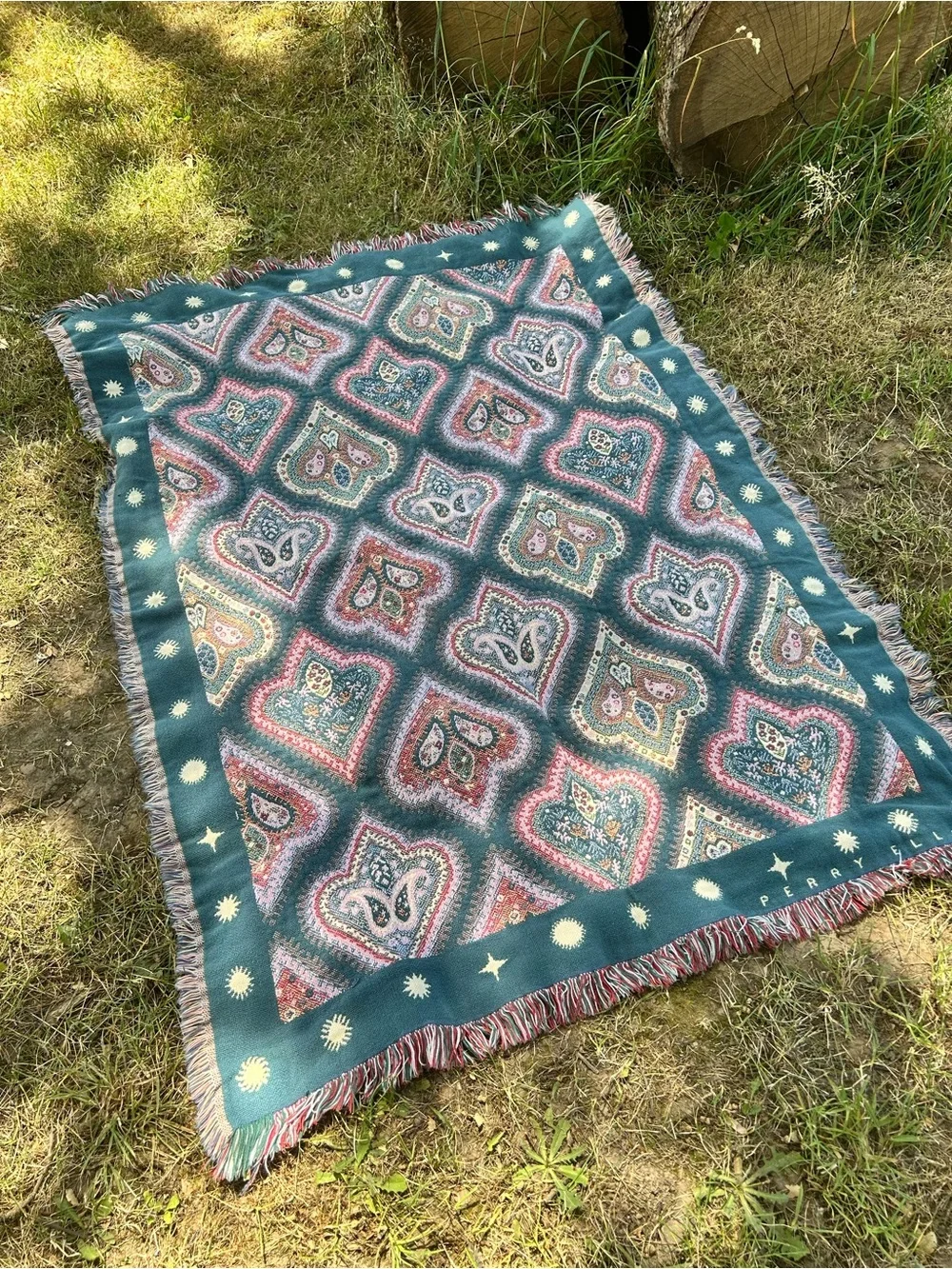 Vintage Patterned Boho Woven Throw Blanket - Teal, Pink, Cream